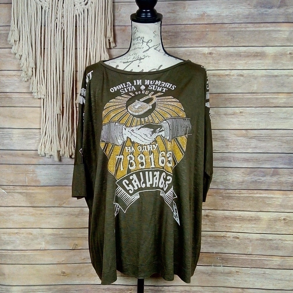 Salvage | Military Green Bling Graphic Dolmon Tee